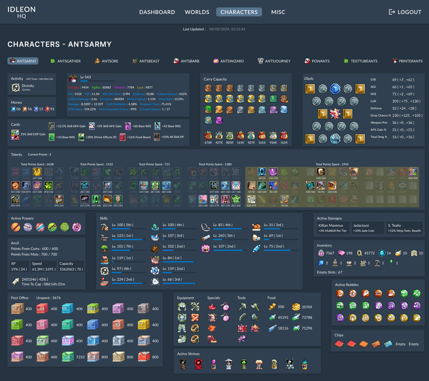 Design frame of the character statistics page