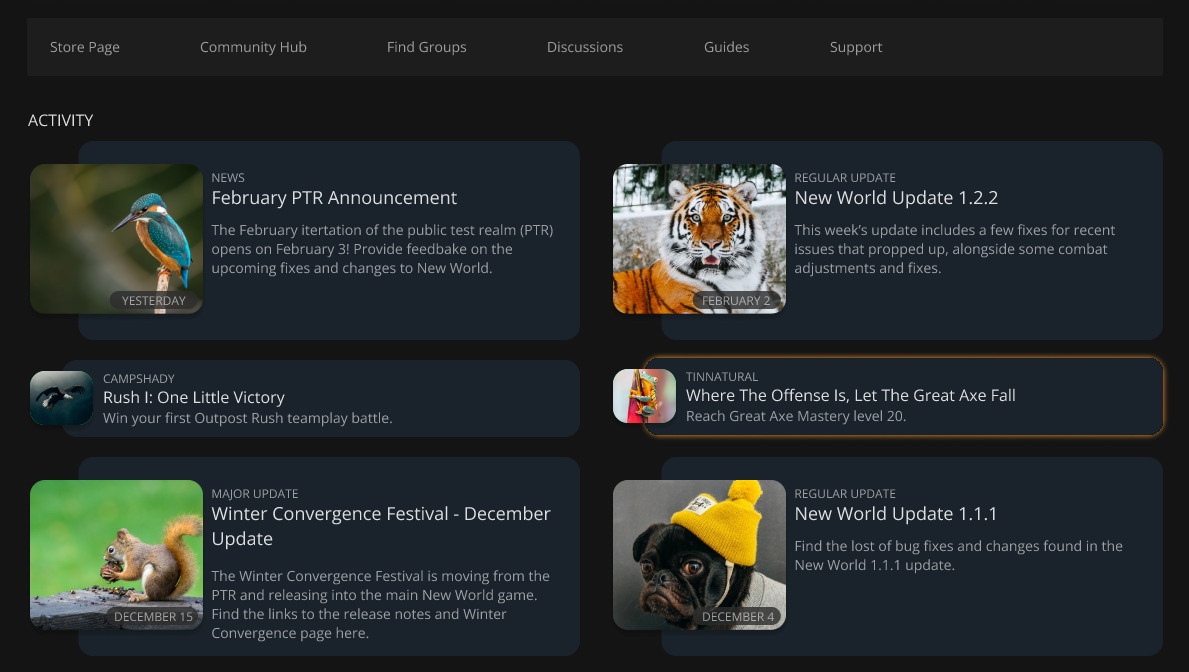 A snapsnot of the news section for a game
