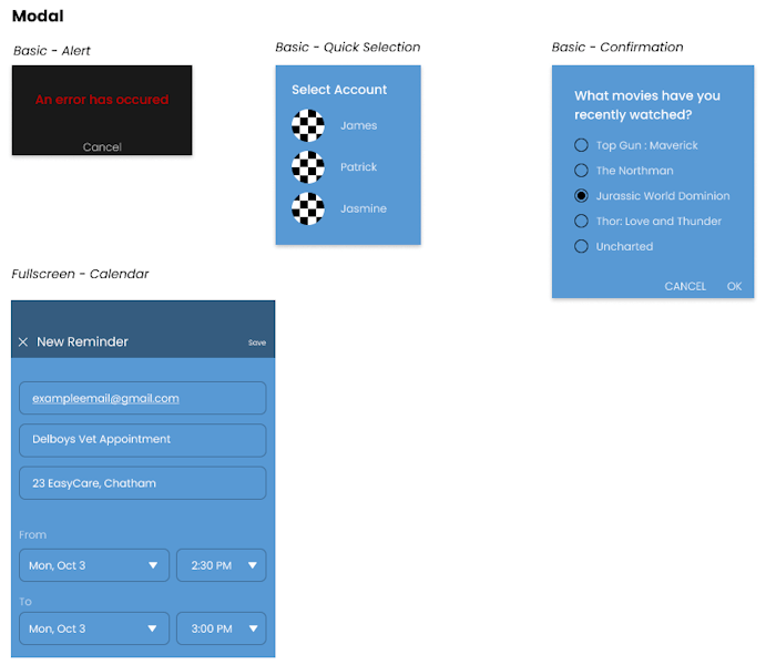 design snapshot of the modal styles